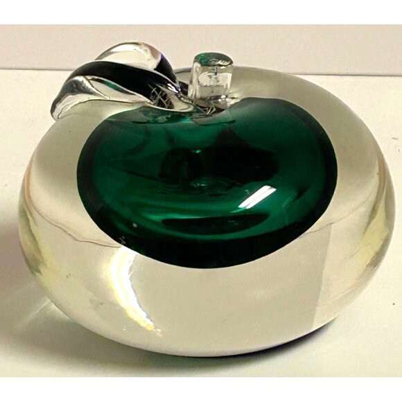 Hand-Blown Glass Apple Paperweight With Green & Blue Accents - Picture 2 of 6